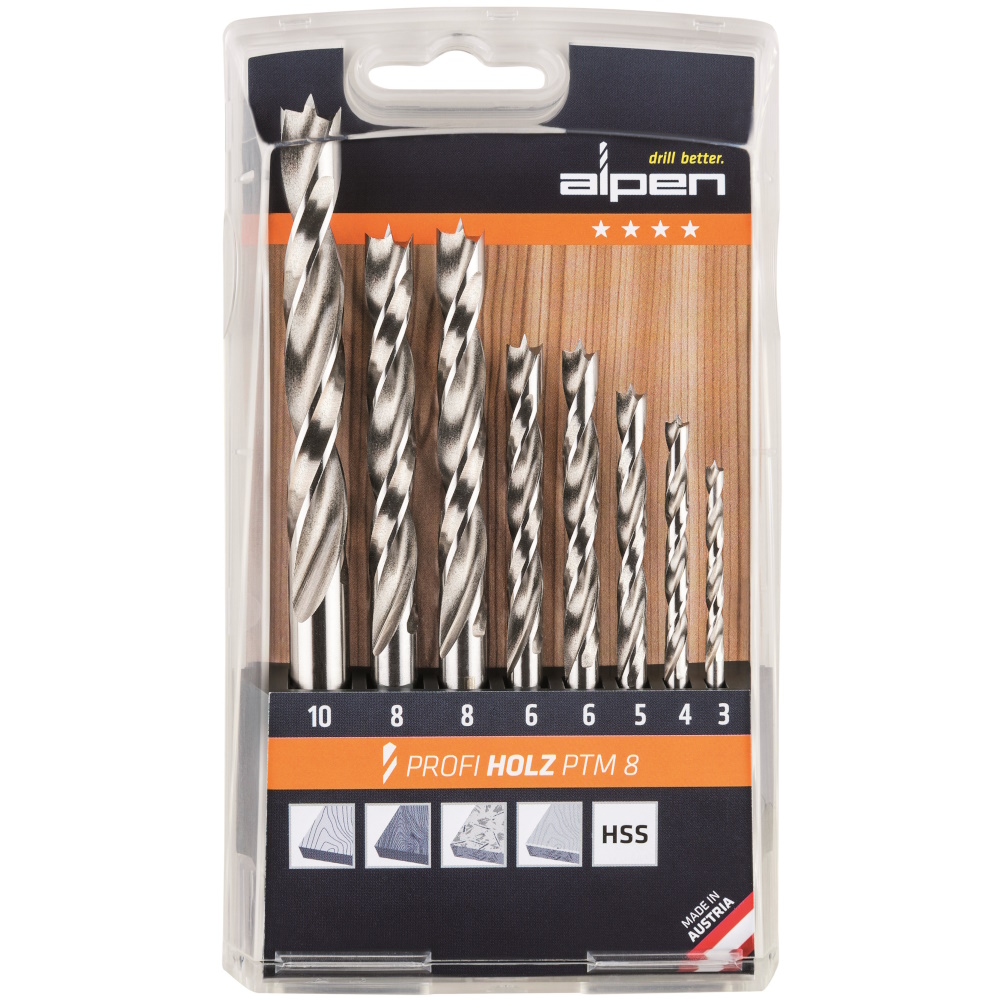 Alpen 0000600093100 Profi-Wood drill set, 8-pieces, 3, 4, 5, 6, 8 and 10 mm