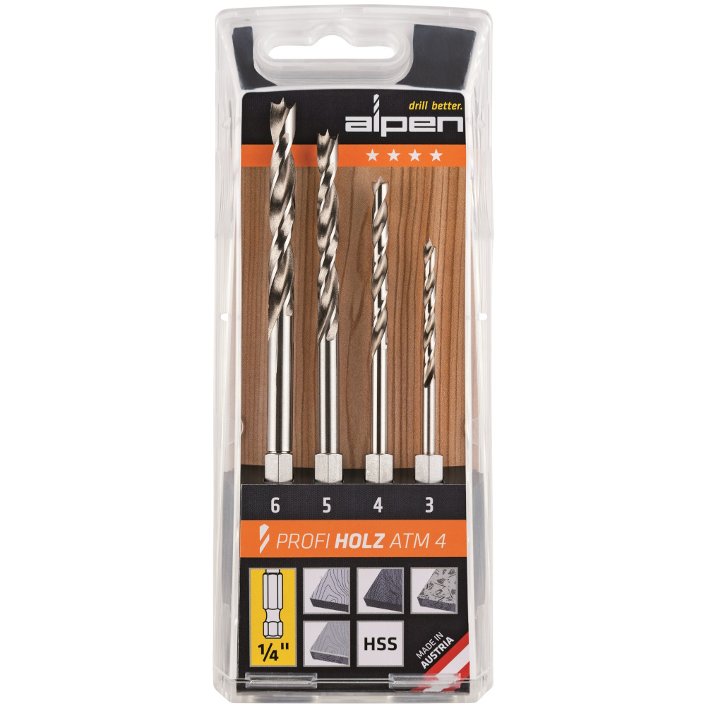 Alpen 0000603002100 Profi-Wood drill set, with 1/4" hexagonal drive, 4-pieces, 3, 4, 5 and 6 mm