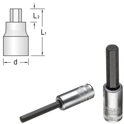 Gedore IN 20 L 3-60 Screwdriver bit socket 1/4" long, hex 3 mm