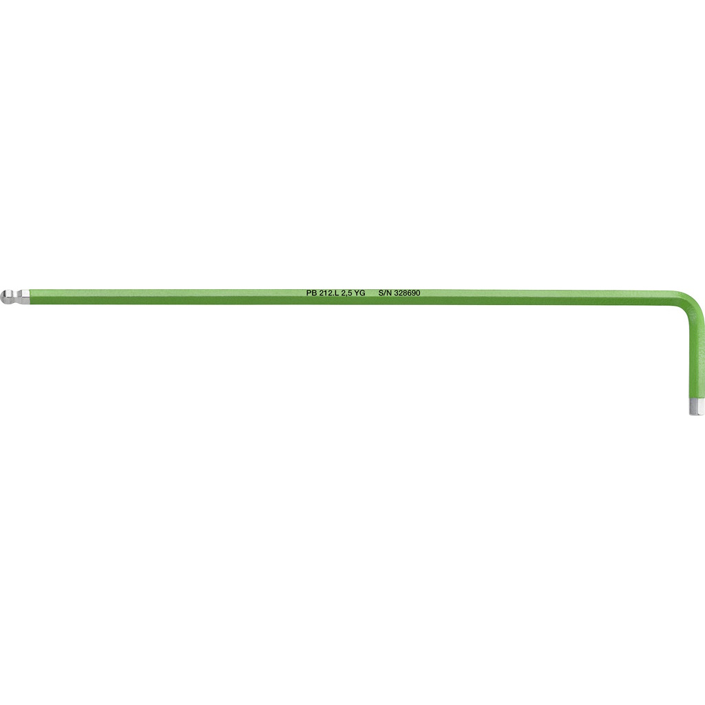 PB Swiss Tools 212.L 2,5 YG Rainbow L-key, long, Inbus with ball end, yellow green, 2,5 mm