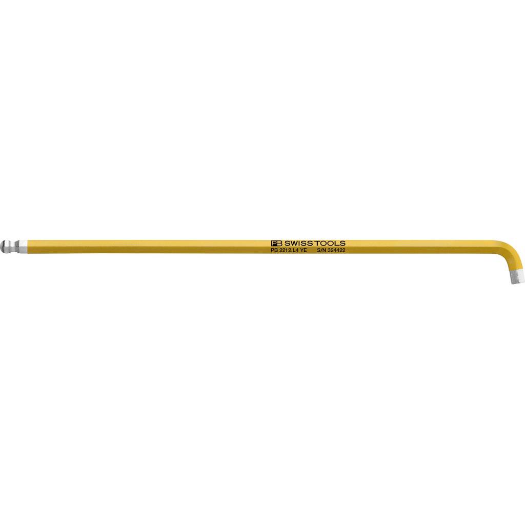 PB Swiss Tools 2212.L 4 YE Inbussleutel lang met kogelkop, korte stift, 4 mm, geel