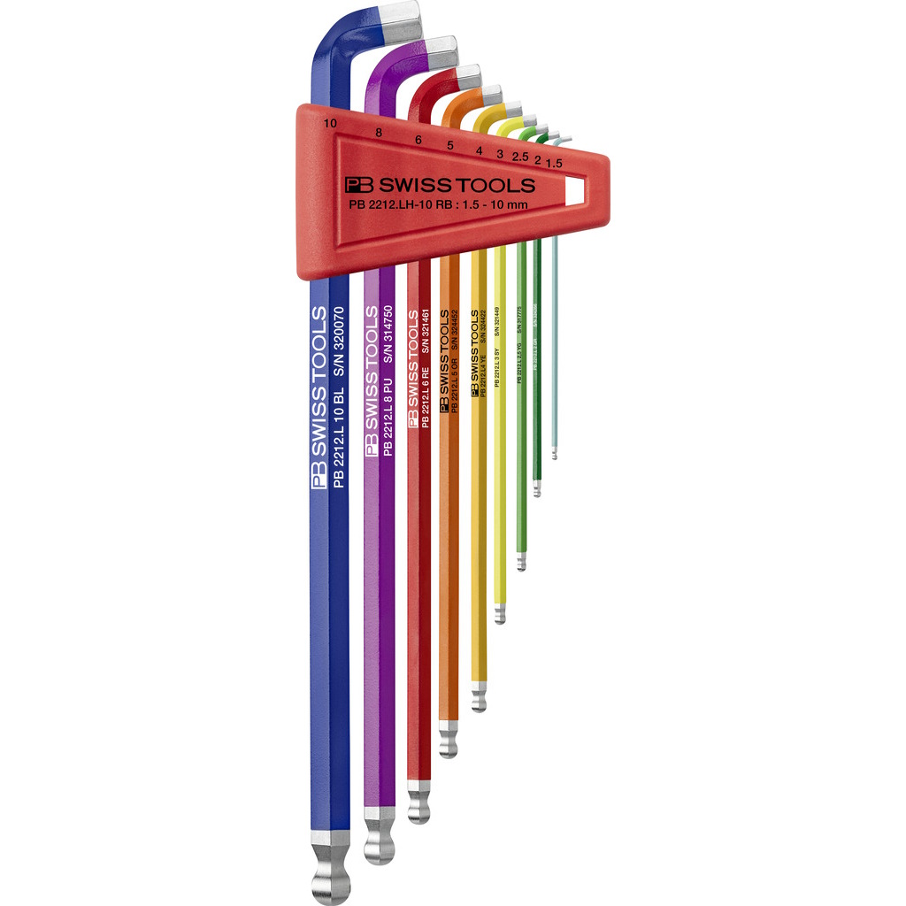 PB Swiss Tools 2212.LH-10 RB Rainbow L-key set, 100 angle, long, Inbus with ball end, 1,5-10 mm