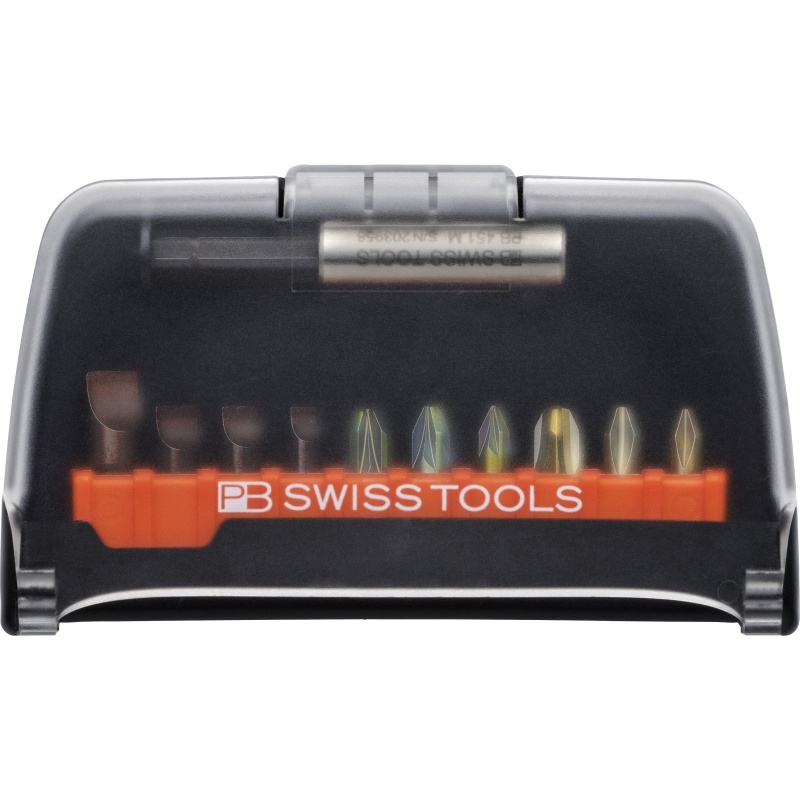 PB Swiss Tools C6.986 BitCase mit Gurt-Clip, Bithalter und 10 Bits, Schlitz / Phillips / Pozidriv 